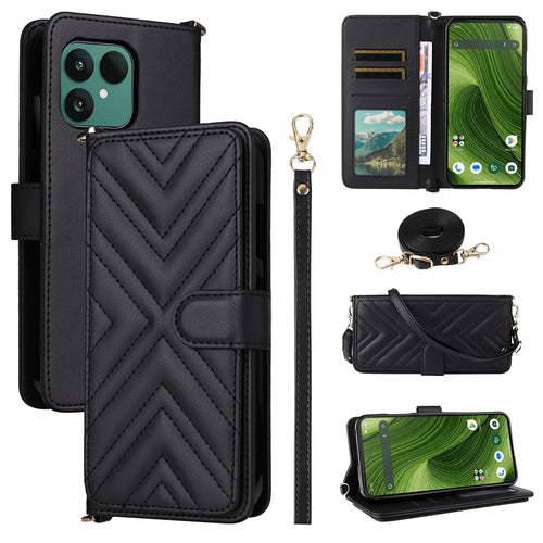For Fairphone 6 Case with Shoulder / Wrist Strap Leather Phone Cover Stand Wallet - Black - 1