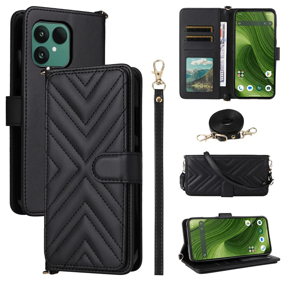For Fairphone 6 Case with Shoulder / Wrist Strap Leather Phone Cover Stand Wallet - Black - 1