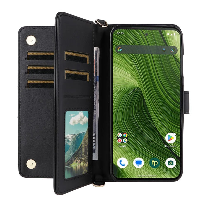 For Fairphone 6 Case with Shoulder / Wrist Strap Leather Phone Cover Stand Wallet - Black - 2