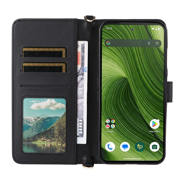 For Fairphone 6 Case with Shoulder / Wrist Strap Leather Phone Cover Stand Wallet - Black - 3