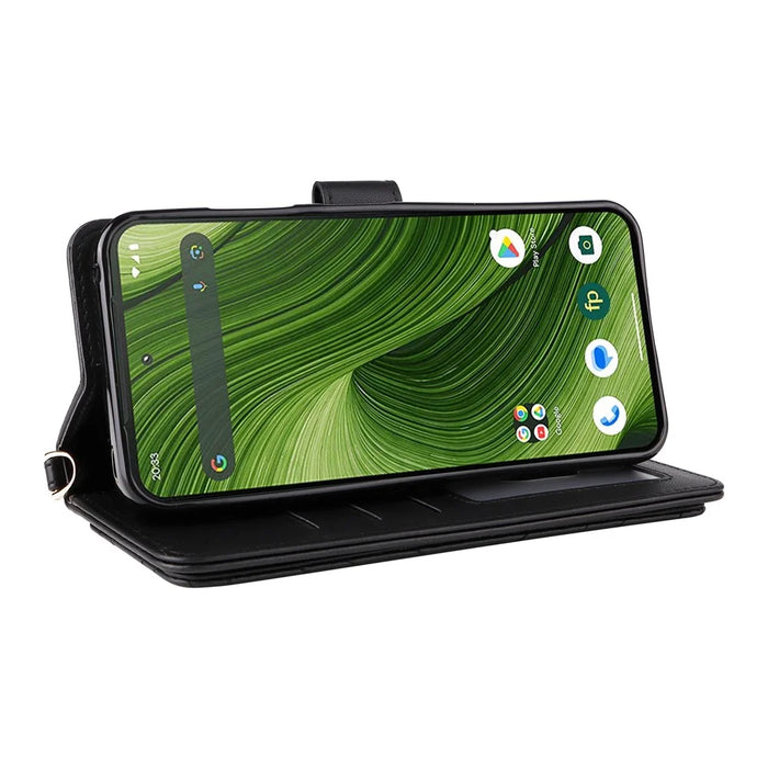 For Fairphone 6 Case with Shoulder / Wrist Strap Leather Phone Cover Stand Wallet - Black - 5
