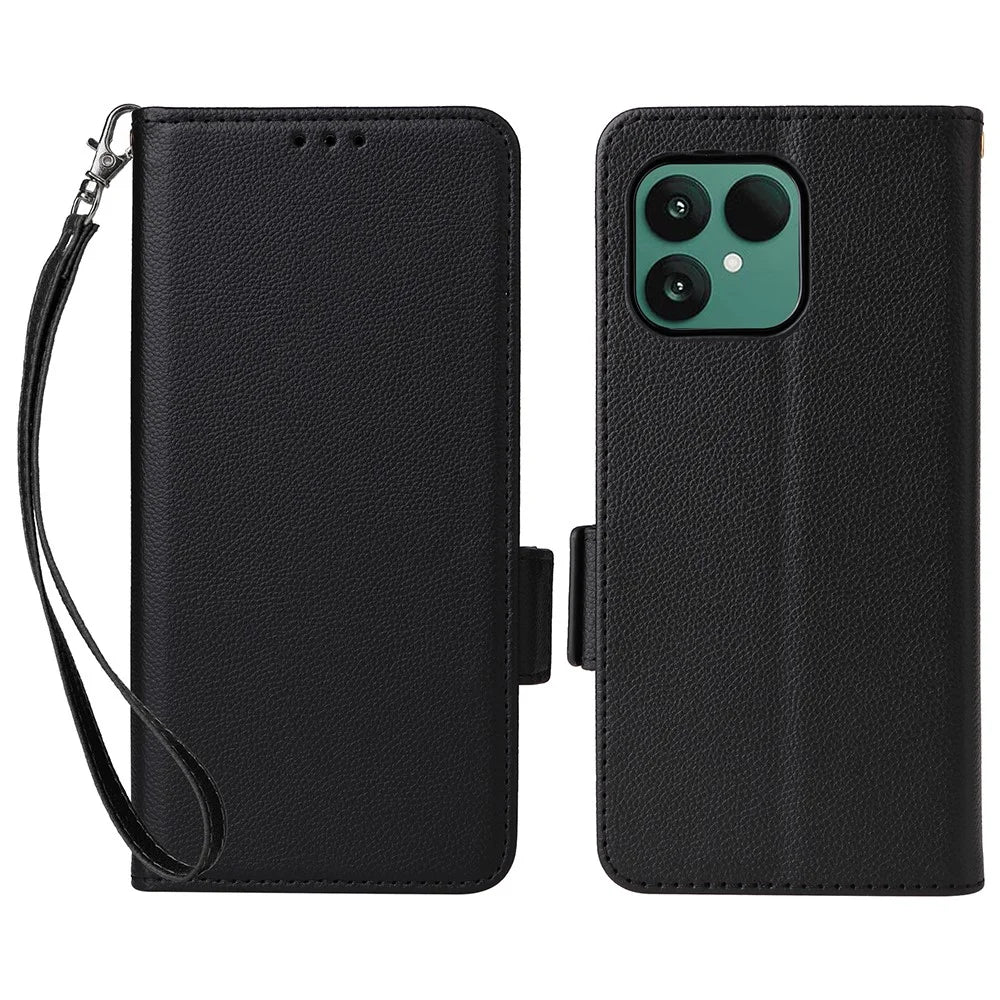 For Fairphone 6 Case with Wrist Strap Litchi Texture PU Leather Wallet Phone Cover - Black - 1