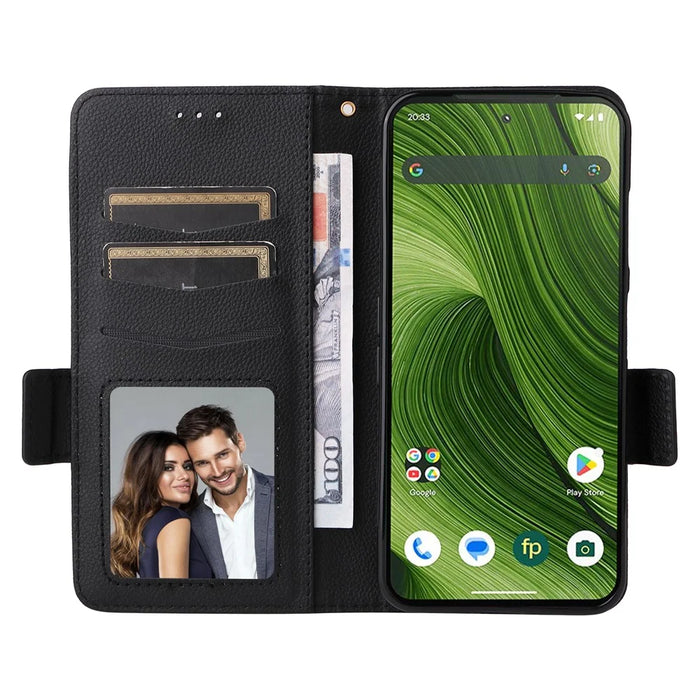 For Fairphone 6 Case with Wrist Strap Litchi Texture PU Leather Wallet Phone Cover - Black - 2