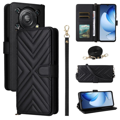 For Oukitel C60 / C60 Pro Case with Shoulder / Wrist Strap Leather Phone Cover Stand Wallet - Black - 1