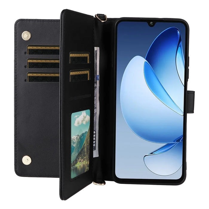 For Oukitel C60 / C60 Pro Case with Shoulder / Wrist Strap Leather Phone Cover Stand Wallet - Black - 2