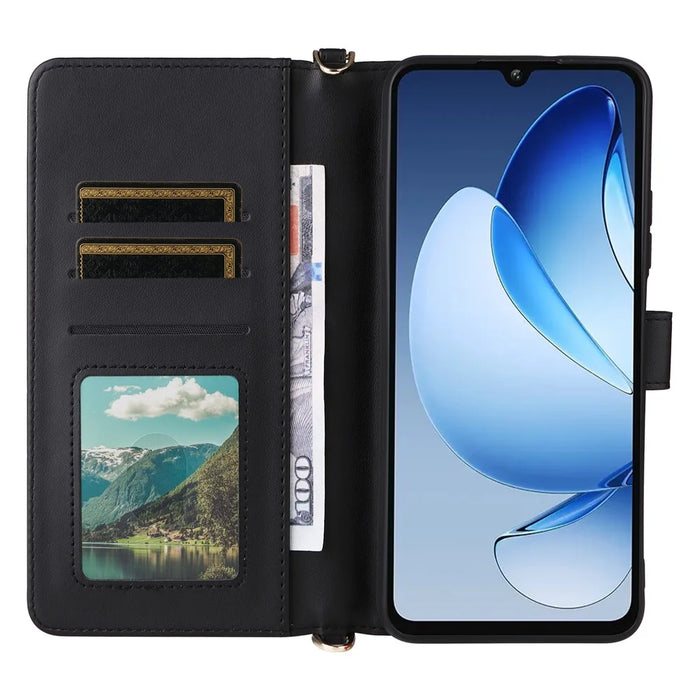 For Oukitel C60 / C60 Pro Case with Shoulder / Wrist Strap Leather Phone Cover Stand Wallet - Black - 3
