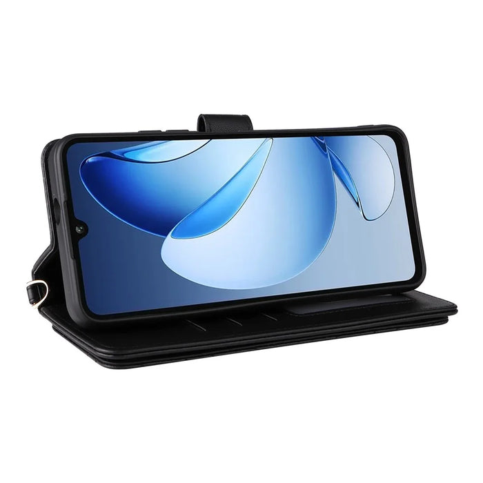 For Oukitel C60 / C60 Pro Case with Shoulder / Wrist Strap Leather Phone Cover Stand Wallet - Black - 5