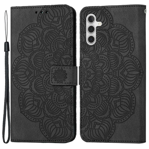 For Samsung Galaxy A14 5G / 4G Wallet Case Imprinted Mandala Flower PU Leather Soft TPU Folio Flip Cover with Strap - Black - 1