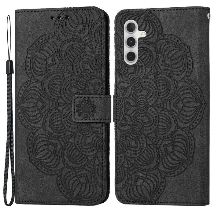 For Samsung Galaxy A14 5G / 4G Wallet Case Imprinted Mandala Flower PU Leather Soft TPU Folio Flip Cover with Strap - Black - 1