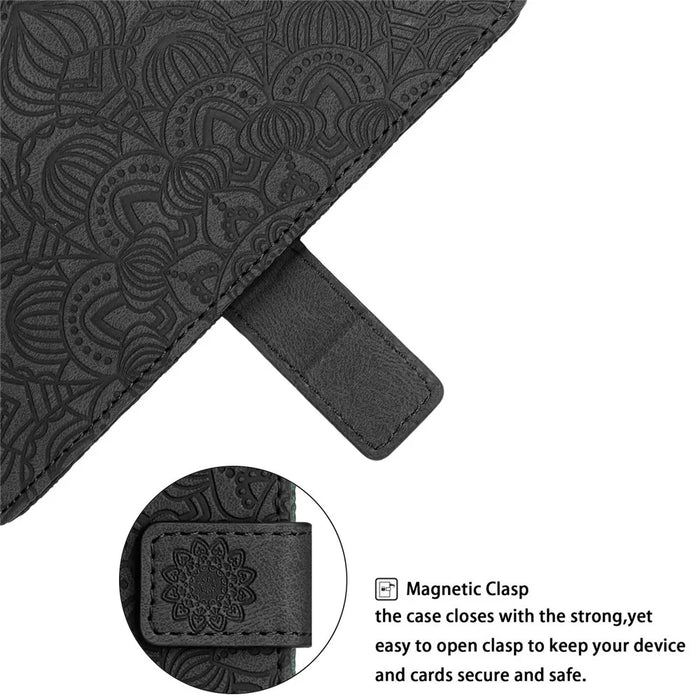 For Samsung Galaxy A14 5G / 4G Wallet Case Imprinted Mandala Flower PU Leather Soft TPU Folio Flip Cover with Strap - Black - 4