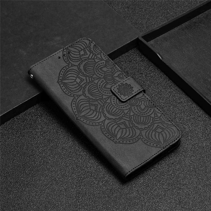 For Samsung Galaxy A14 5G / 4G Wallet Case Imprinted Mandala Flower PU Leather Soft TPU Folio Flip Cover with Strap - Black - 6