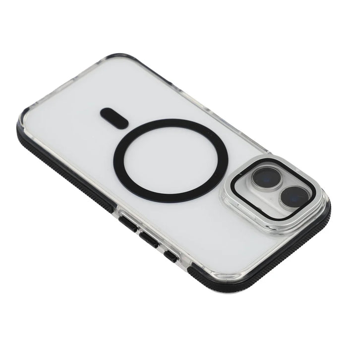 For iPhone 16 Magnetic Case TPU Acrylic Clear Phone Back Cover with Lens Protector Kickstand - Black - 6