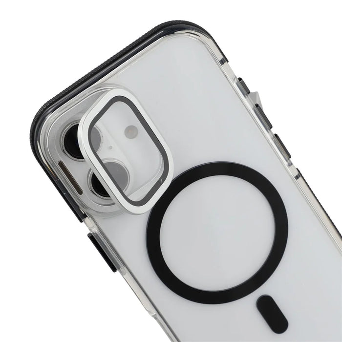For iPhone 16 Magnetic Case TPU Acrylic Clear Phone Back Cover with Lens Protector Kickstand - Black - 7