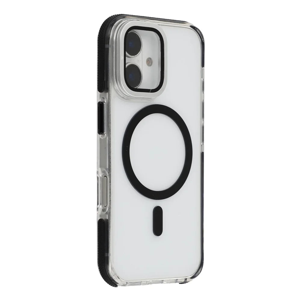 For iPhone 16 Plus Magnetic Case TPU Acrylic Clear Phone Back Cover with Lens Protector Kickstand - Black - 1