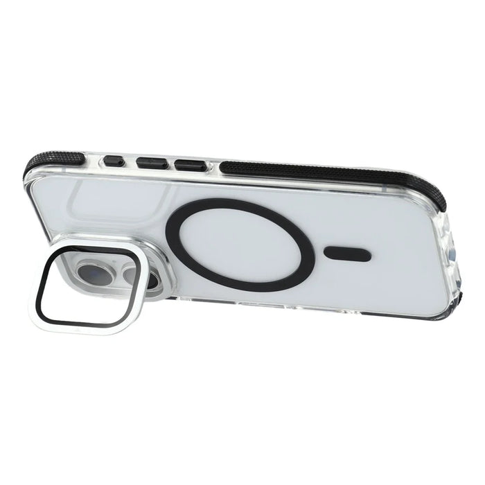 For iPhone 16 Plus Magnetic Case TPU Acrylic Clear Phone Back Cover with Lens Protector Kickstand - Black - 4