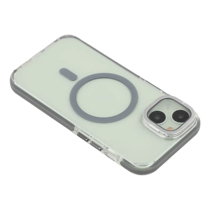 For iPhone 15 Magnetic Case TPU Acrylic Clear Phone Back Cover with Lens Protector Kickstand - Grey - 6