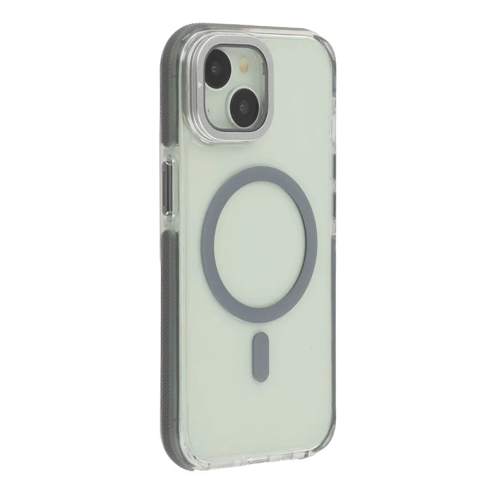 For iPhone 15 Plus Magnetic Case TPU Acrylic Clear Phone Back Cover with Lens Protector Kickstand - Grey - 1