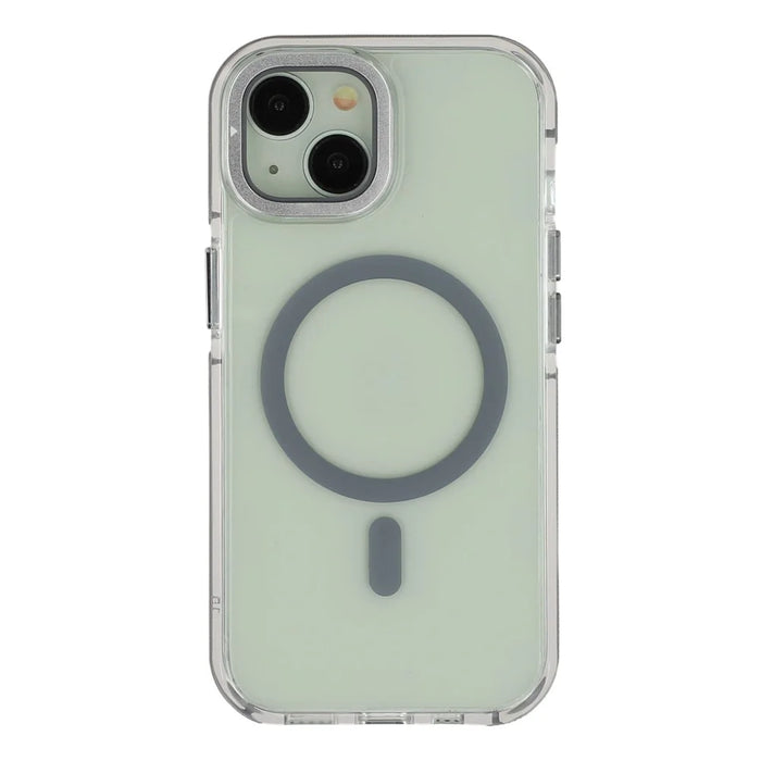 For iPhone 15 Plus Magnetic Case TPU Acrylic Clear Phone Back Cover with Lens Protector Kickstand - Grey - 3