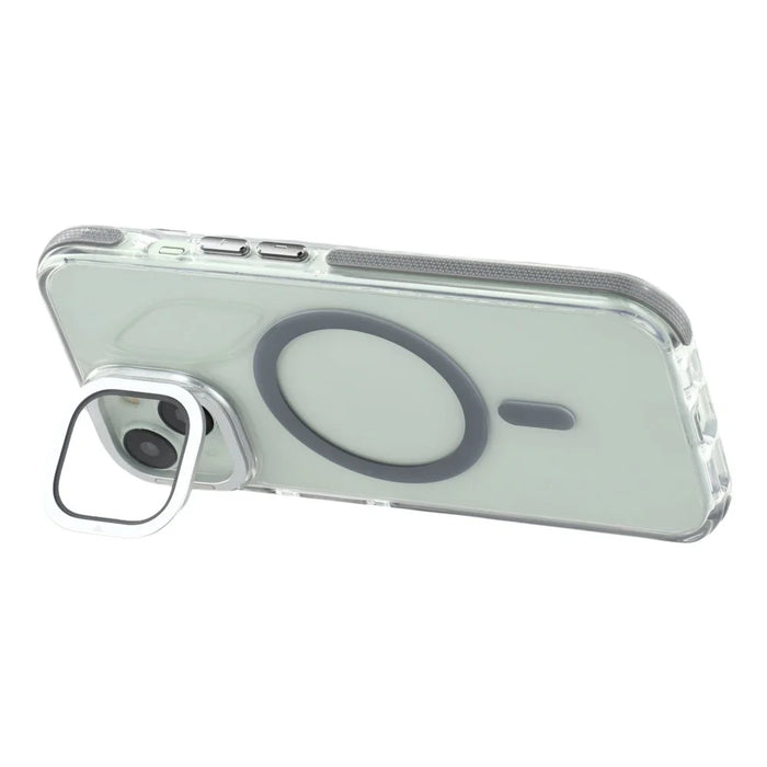 For iPhone 15 Plus Magnetic Case TPU Acrylic Clear Phone Back Cover with Lens Protector Kickstand - Grey - 4