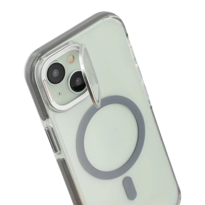 For iPhone 15 Plus Magnetic Case TPU Acrylic Clear Phone Back Cover with Lens Protector Kickstand - Grey - 7