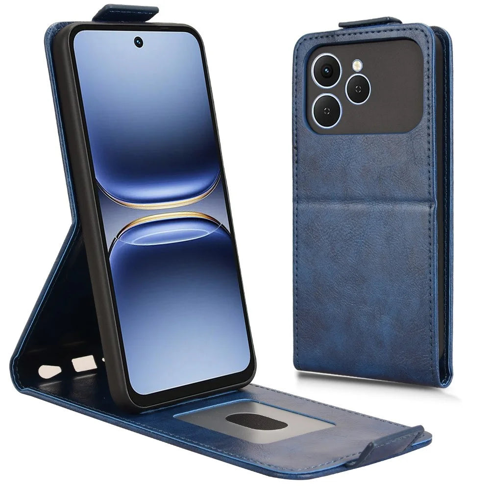For TECNO Spark 40 4G Stand Case Magnetic Clasp Vertical Flip Leather Phone Cover with Card Holder - Dark Blue - 1