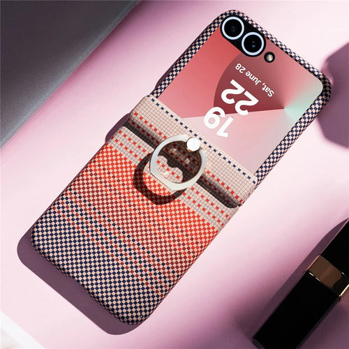 Phone Case For Samsung Galaxy Z Flip7 FE 5G  /  Flip6 5G  /  Flip5 5G Ring Holder Kickstand PC Cover with Tempered Glass Screen Protector - Pink - 1