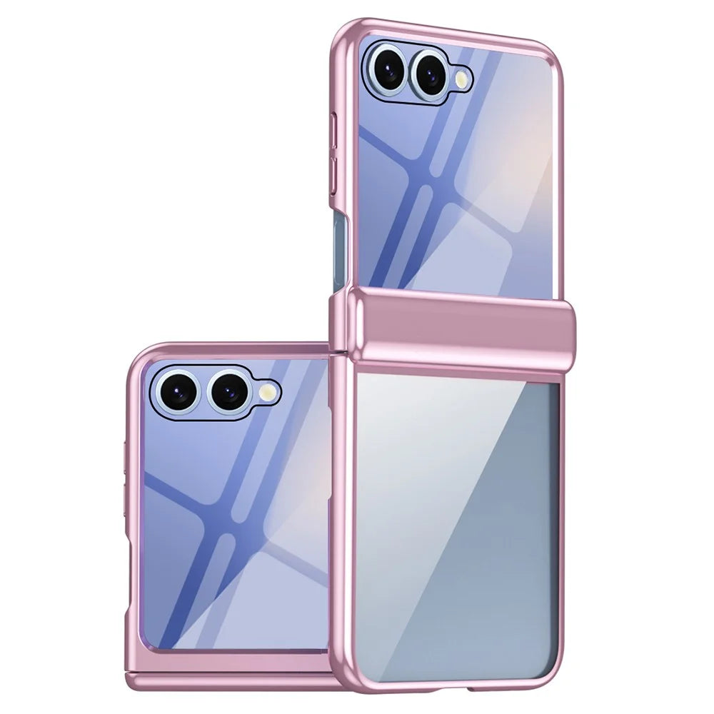 For Samsung Galaxy Z Flip7 5G Case with Rear Screen Film Hinge Protection Electroplating Clear PC Phone Cover - Pink - 1