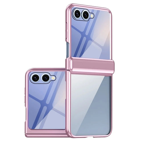 For Samsung Galaxy Z Flip7 5G Case with Rear Screen Film Hinge Protection Electroplating Clear PC Phone Cover - Pink - 1