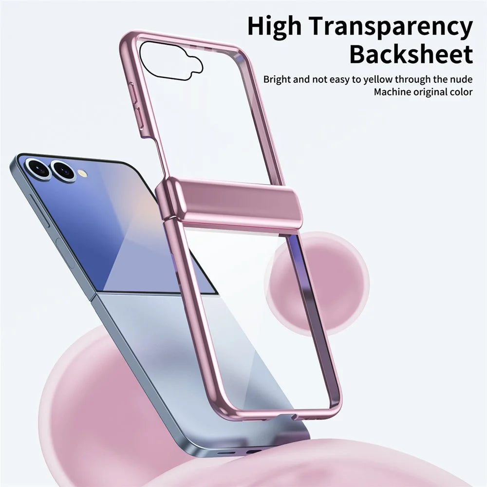 For Samsung Galaxy Z Flip7 5G Case with Rear Screen Film Hinge Protection Electroplating Clear PC Phone Cover - Pink - 2
