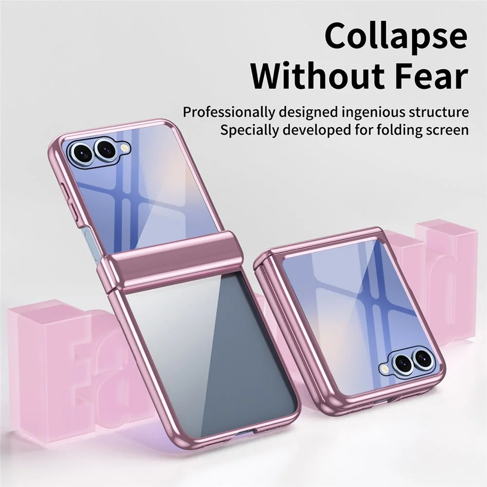 For Samsung Galaxy Z Flip7 5G Case with Rear Screen Film Hinge Protection Electroplating Clear PC Phone Cover - Pink - 7