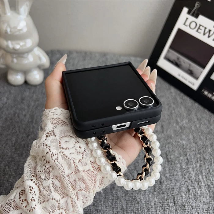 For Samsung Galaxy Z Flip7 5G Case Smile Rabbit PU + PC Phone Cover with Wrist Strap - Cross Texture - 6