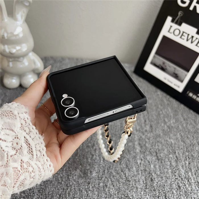 For Samsung Galaxy Z Flip7 5G Case Smile Rabbit PU + PC Phone Cover with Wrist Strap - Cross Texture - 7