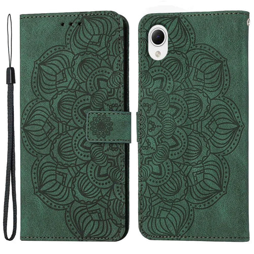 For Samsung Galaxy A23e Drop Protection Phone Cover Imprinted Mandala Flower Wallet PU Leather+Soft TPU Case - Green - 1