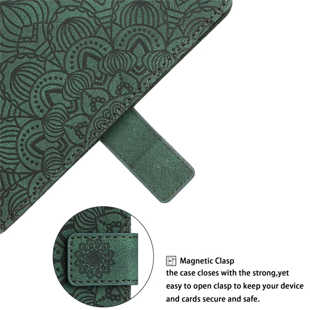 For Samsung Galaxy A23e Drop Protection Phone Cover Imprinted Mandala Flower Wallet PU Leather+Soft TPU Case - Green - 4