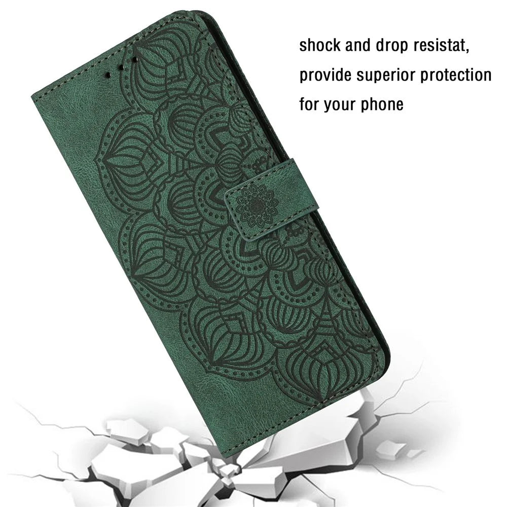 For Samsung Galaxy A23e Drop Protection Phone Cover Imprinted Mandala Flower Wallet PU Leather+Soft TPU Case - Green - 5
