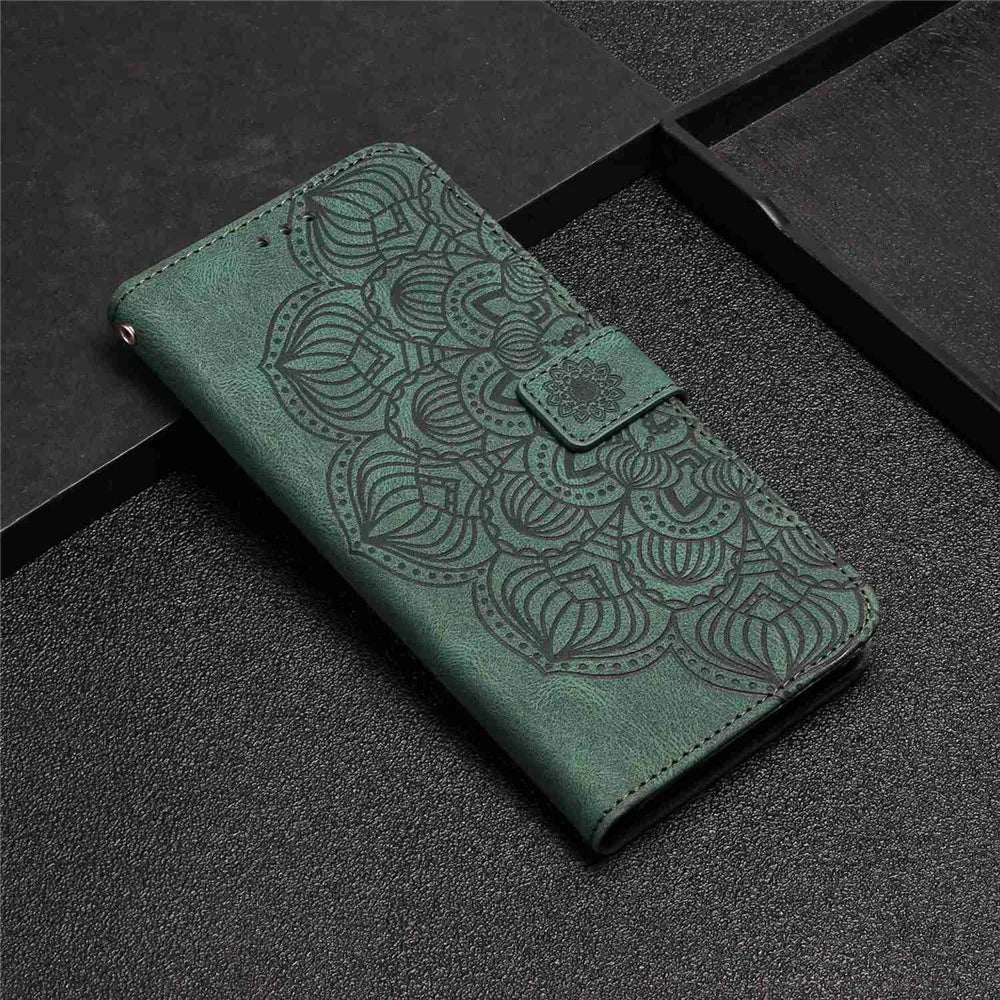 For Samsung Galaxy A23e Drop Protection Phone Cover Imprinted Mandala Flower Wallet PU Leather+Soft TPU Case - Green - 6