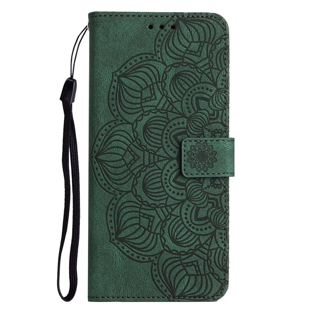 For Samsung Galaxy A23e Drop Protection Phone Cover Imprinted Mandala Flower Wallet PU Leather+Soft TPU Case - Green - 7