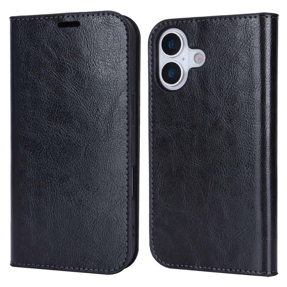 For iPhone 17 Case Crazy Horse Texture Split Leather Wallet Phone Cover - Black - 1