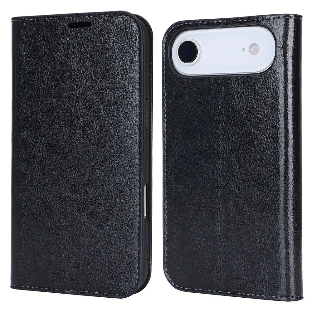 For iPhone Air Case Crazy Horse Texture Split Leather Wallet Phone Cover - Black - 1