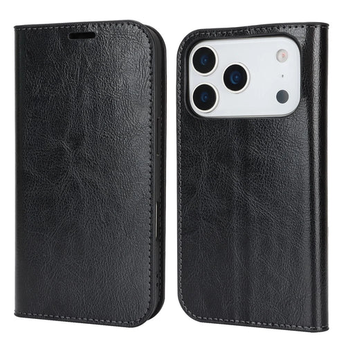 For iPhone 18 Pro / 17 Pro Case Crazy Horse Texture Split Leather Wallet Phone Cover - Black - 1