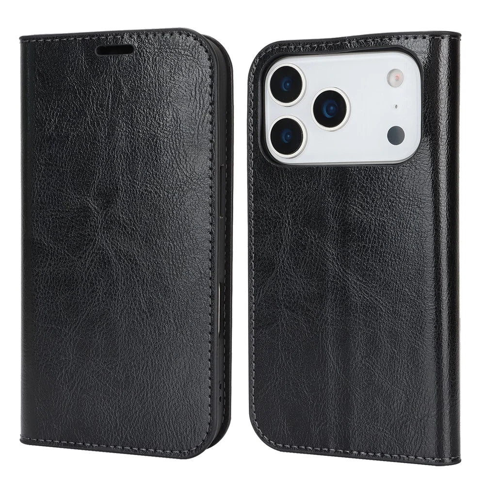 For iPhone 18 Pro / 17 Pro Case Crazy Horse Texture Split Leather Wallet Phone Cover - Black - 1