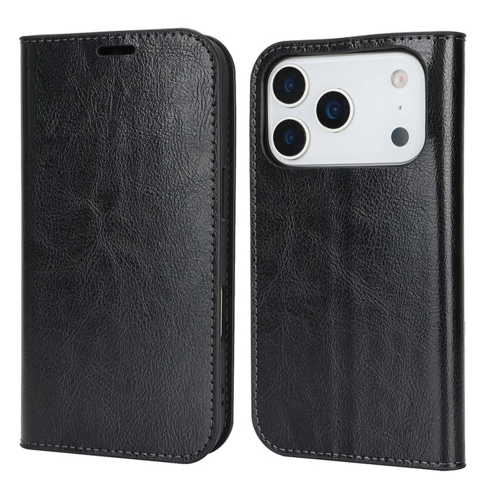 For iPhone 18 Pro / 17 Pro Case Crazy Horse Texture Split Leather Wallet Phone Cover - Black - 1