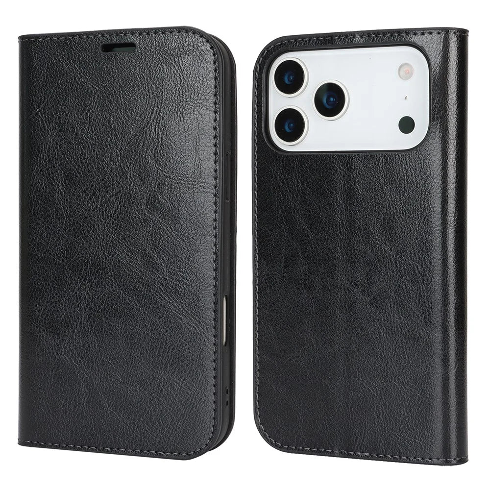For iPhone 18 Pro Max / 17 Pro Max Case Crazy Horse Texture Split Leather Wallet Phone Cover - Black - 1