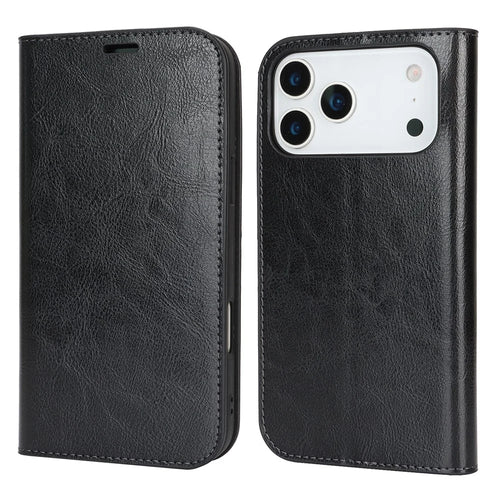 For iPhone 18 Pro Max / 17 Pro Max Case Crazy Horse Texture Split Leather Wallet Phone Cover - Black - 1
