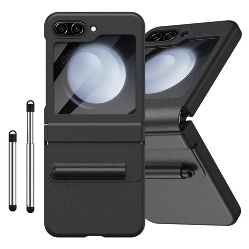 For Samsung Galaxy Z Flip7 FE 5G  /  Flip6 5G Hinge PU Leather PC Phone Cover with Stylus  /  Tempered Glass Film - Black - 1