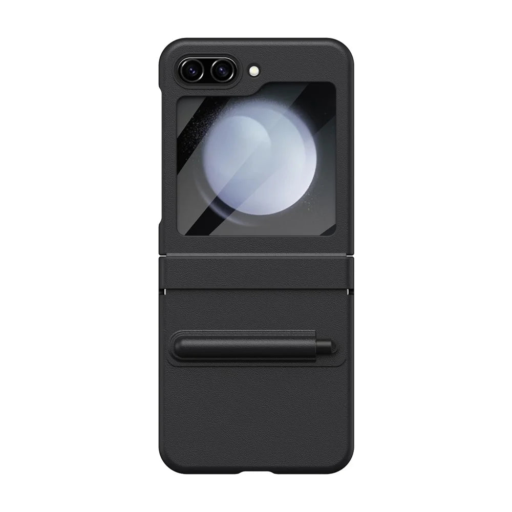 For Samsung Galaxy Z Flip7 FE 5G  /  Flip6 5G Hinge PU Leather PC Phone Cover with Stylus  /  Tempered Glass Film - Black - 3