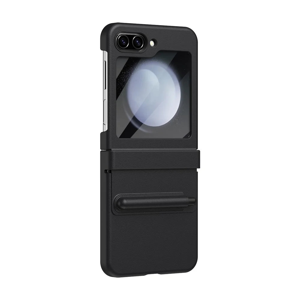 For Samsung Galaxy Z Flip7 FE 5G  /  Flip6 5G Hinge PU Leather PC Phone Cover with Stylus  /  Tempered Glass Film - Black - 4