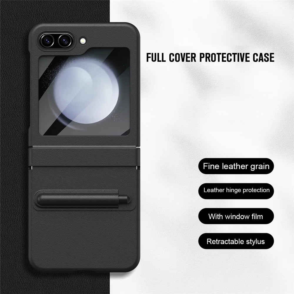 For Samsung Galaxy Z Flip7 FE 5G  /  Flip6 5G Hinge PU Leather PC Phone Cover with Stylus  /  Tempered Glass Film - Black - 5