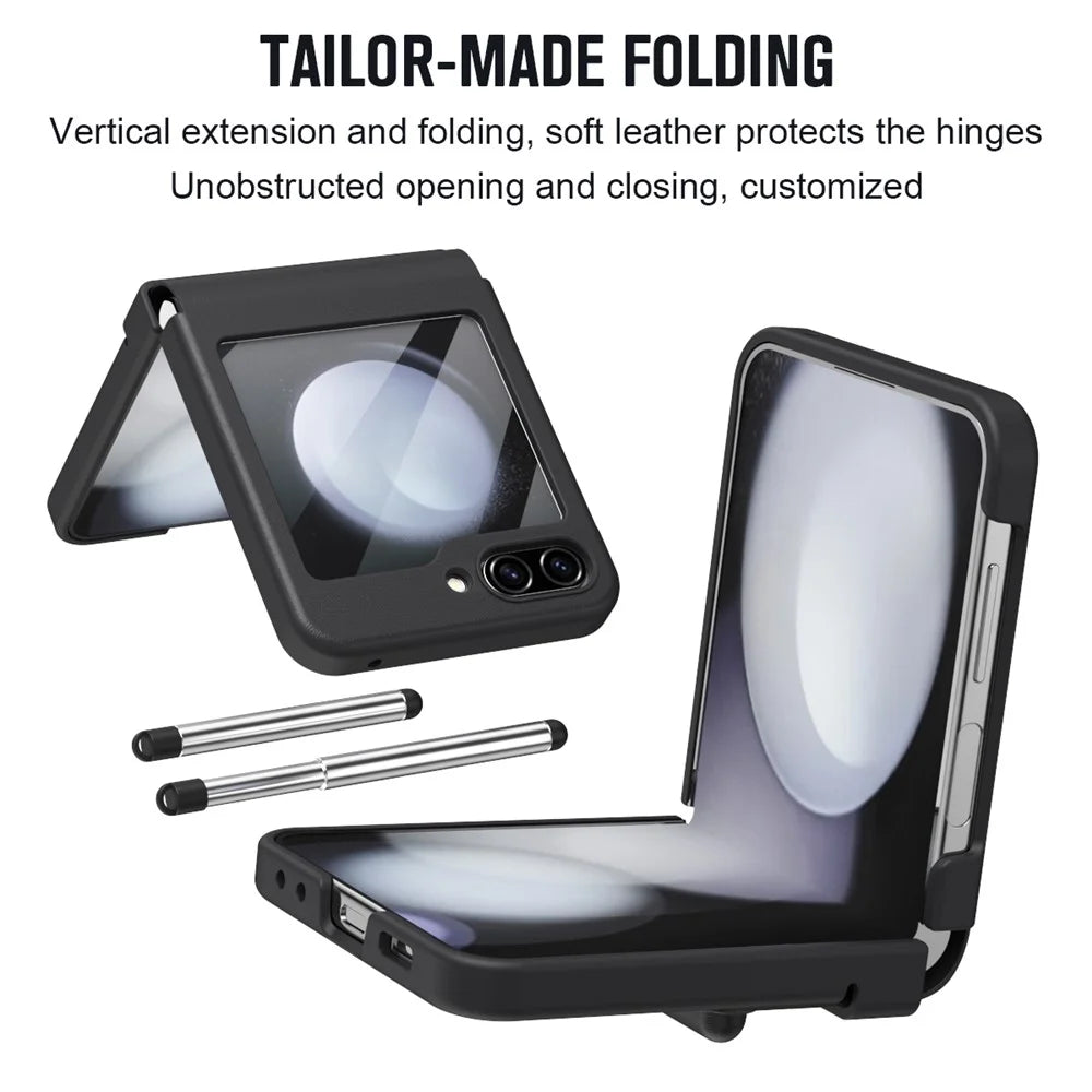 For Samsung Galaxy Z Flip7 FE 5G  /  Flip6 5G Hinge PU Leather PC Phone Cover with Stylus  /  Tempered Glass Film - Black - 6