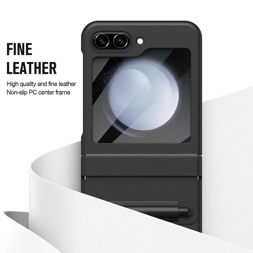 For Samsung Galaxy Z Flip7 FE 5G  /  Flip6 5G Hinge PU Leather PC Phone Cover with Stylus  /  Tempered Glass Film - Black - 7